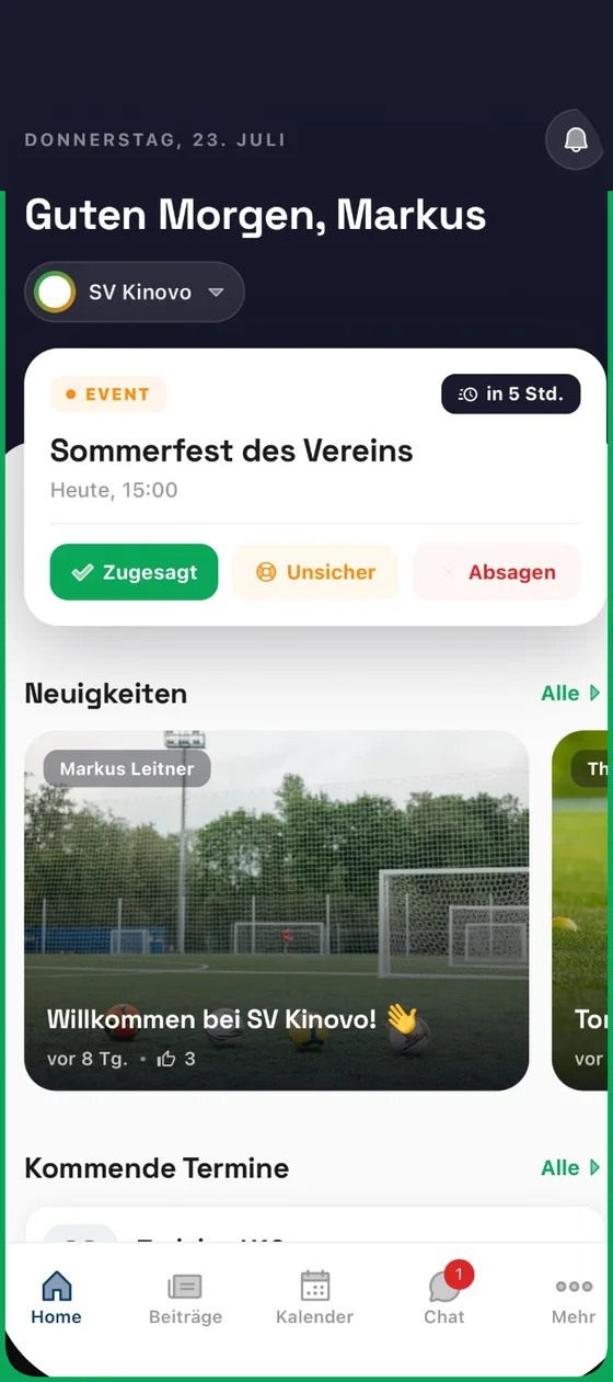 Startbildschirm der Kinovo-App mit nächstem Termin und Zu- oder Absage
