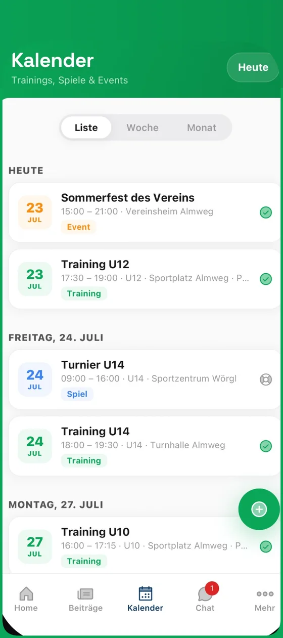 Kalender in der Kinovo-App mit Trainings, Spielen und Turnieren