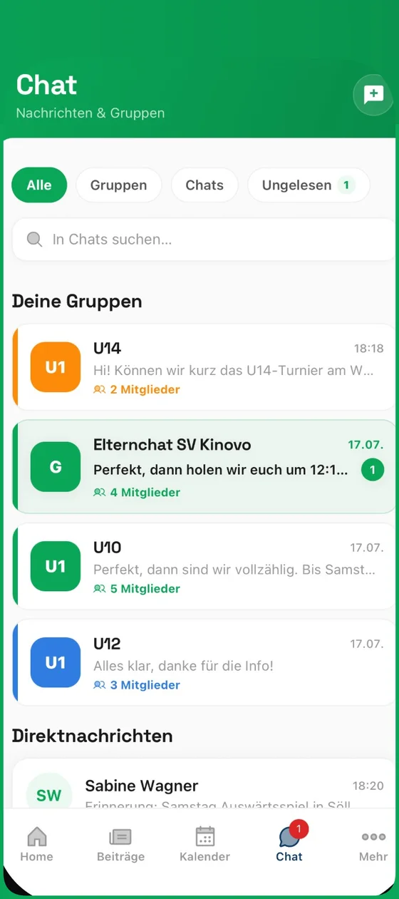 Chatübersicht in der Kinovo-App mit Team- und Vereinsnachrichten
