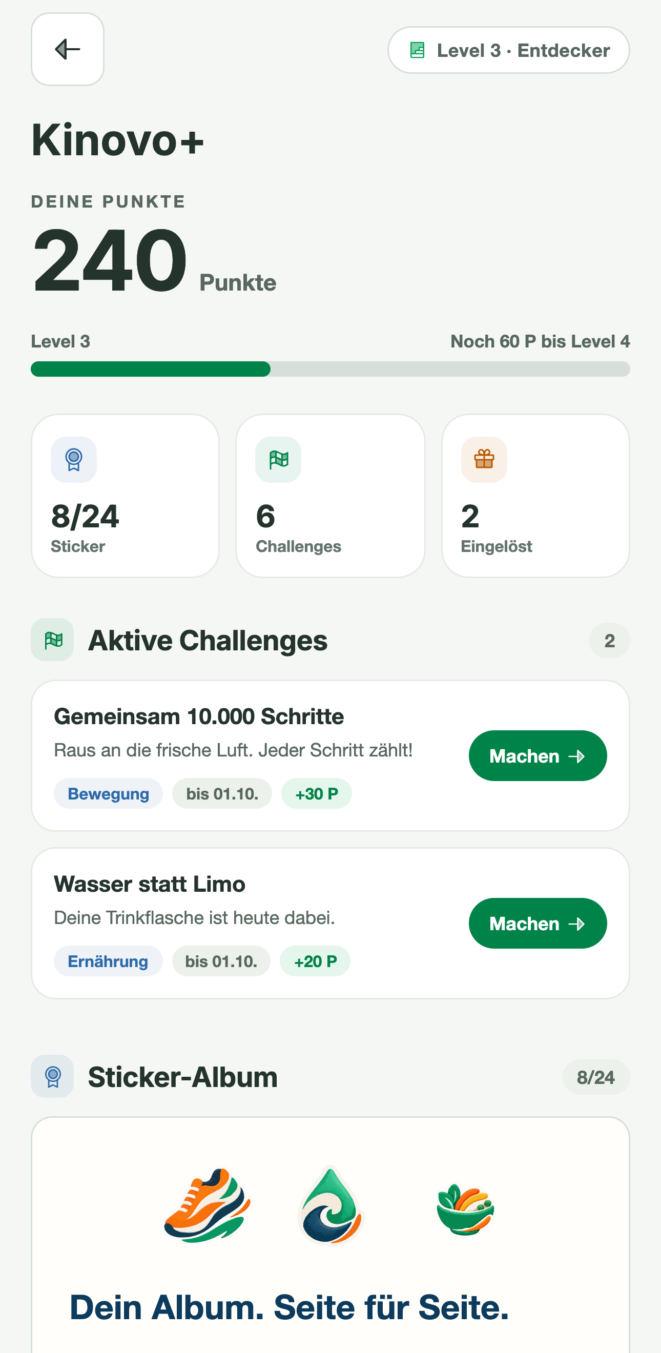 Kinovo+ mit Challenges und Punkten