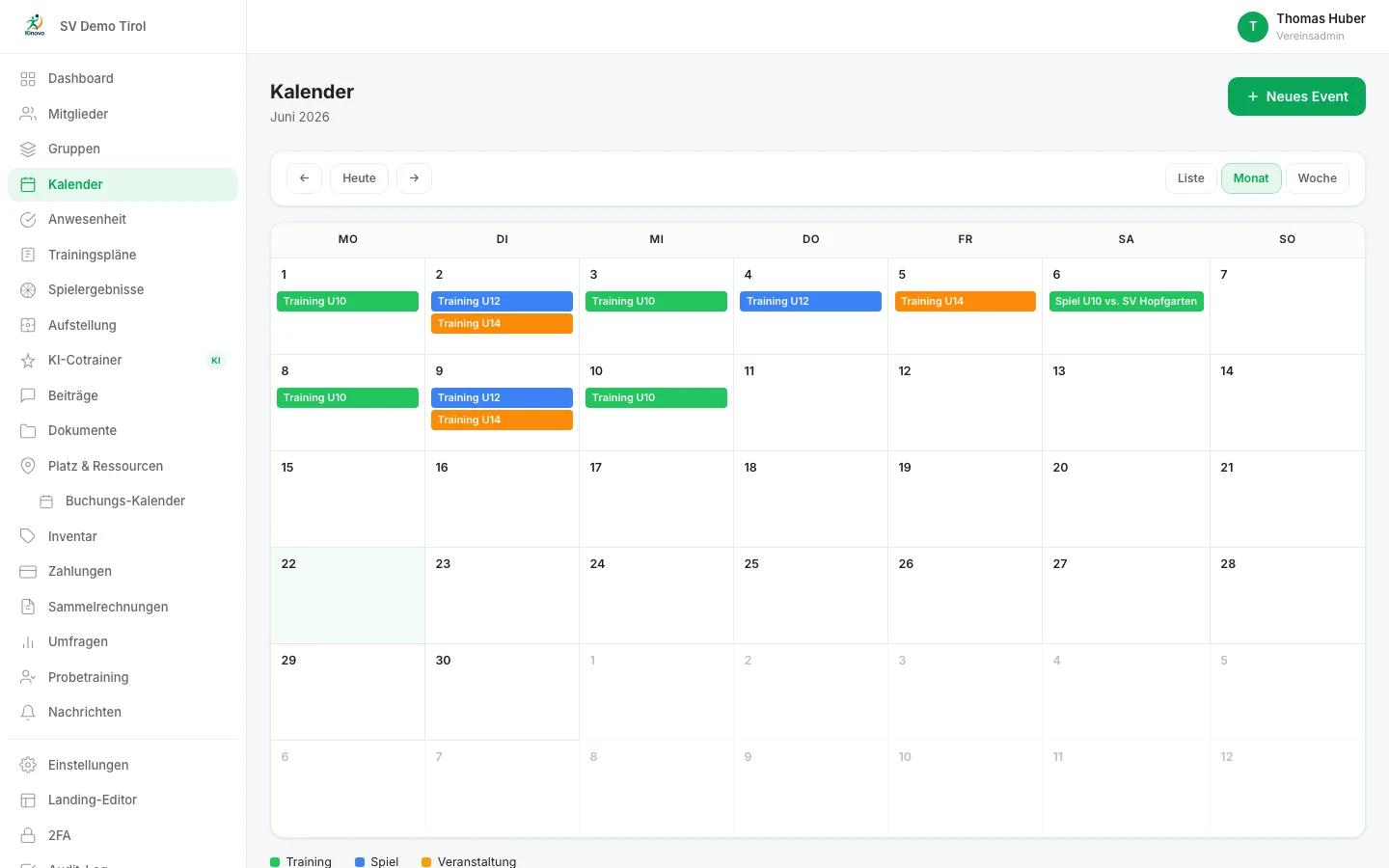 Kalender mit Trainings, Spielen und Veranstaltungen