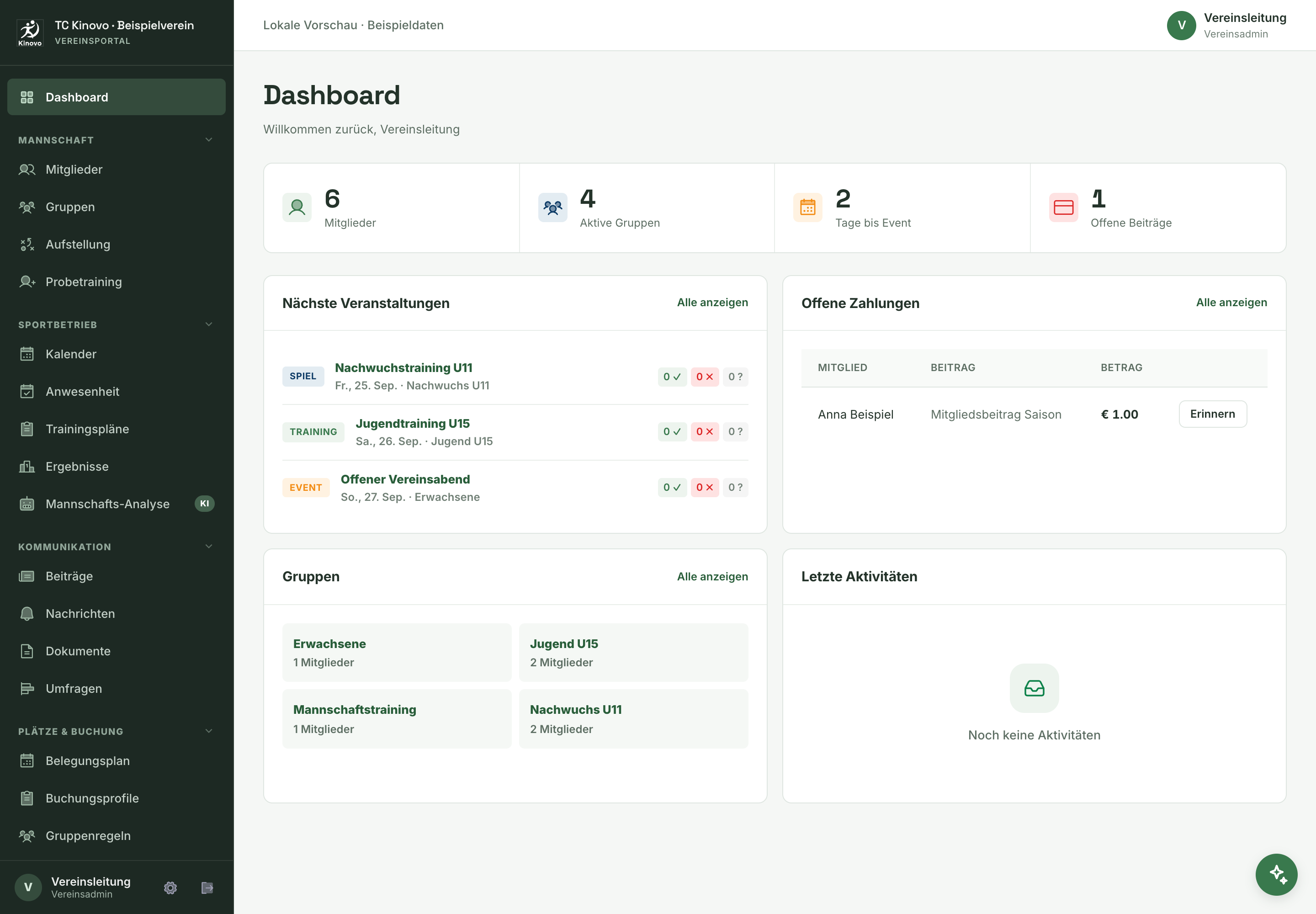 Originalansicht des Kinovo-Portals mit Beispieldaten: Dashboard, Mitglieder, Gruppen und Veranstaltungen