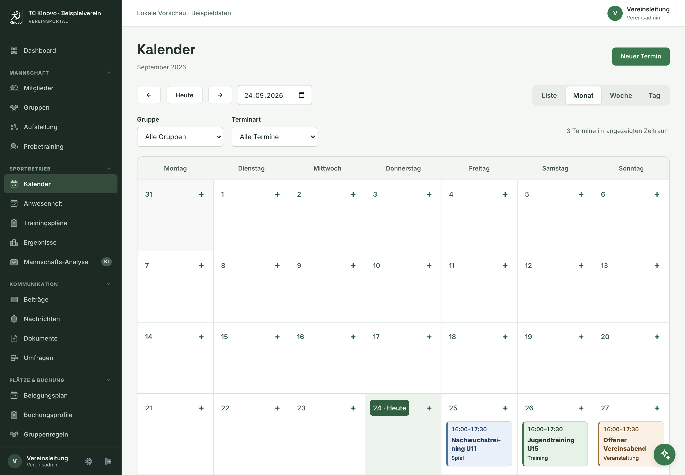 Kalender mit Trainings, Spielen und Veranstaltungen
