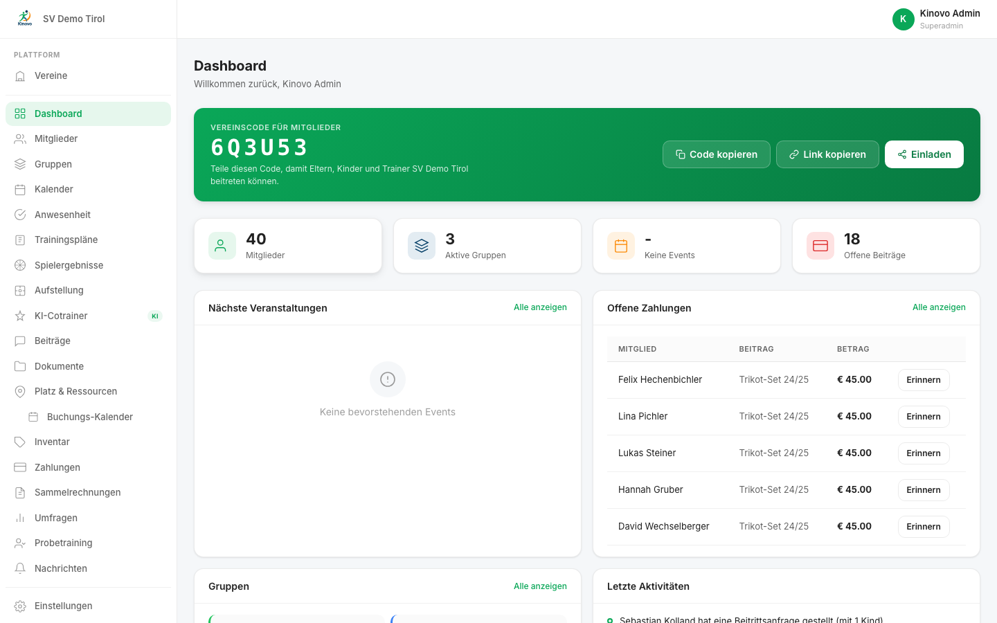 Kinovo-Vereinsportal im Browser mit Mitgliederzahl, Gruppen, offenen Beiträgen und Einladungscode